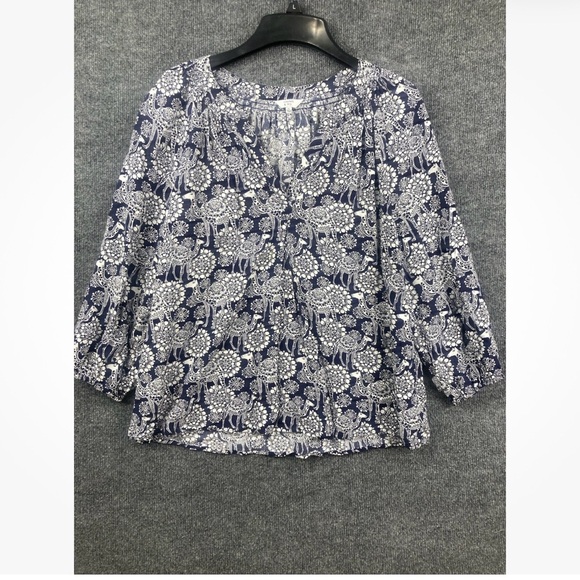 Crown & Ivy Navy/White Camel Floral Top Sz Lg - Picture 7 of 9
